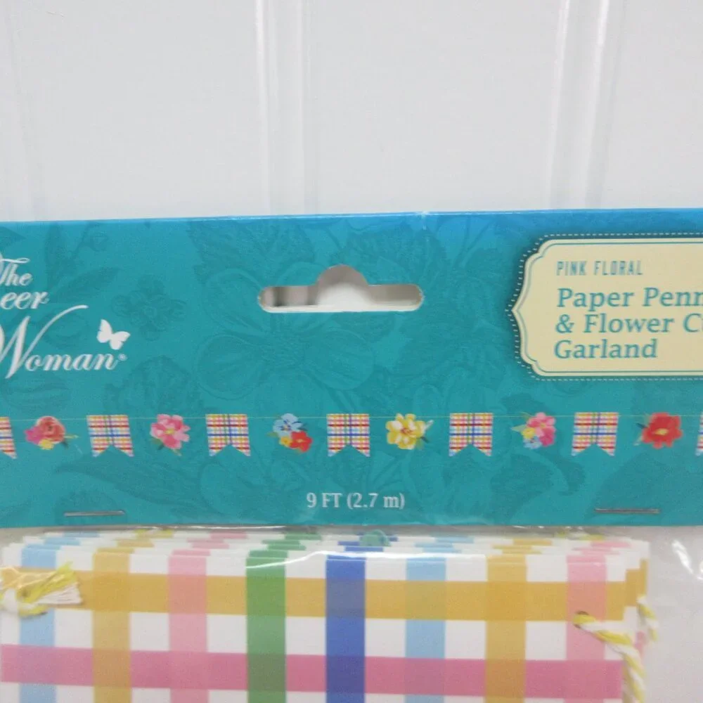 Lot of 2 Pioneer Woman Paper Pennant Flower Cutout Garland 9' Pink Floral Banner
